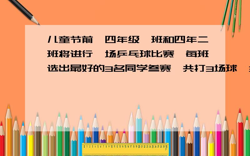 儿童节前,四年级一班和四年二班将进行一场乒乓球比赛,每班选出最好的3名同学叁赛,共打3场球,3局2胜,如果你是四年级一班同学,你将怎样安排本班3名选手出场比赛,才更有可能打赢比赛?