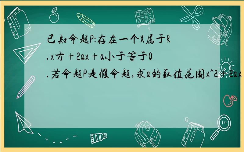 已知命题P：存在一个X属于R,x方+2ax+a小于等于0.若命题P是假命题,求a的取值范围x^2+2ax+a0 中a的取值范围 为什么是求真命题中的a的取值范围