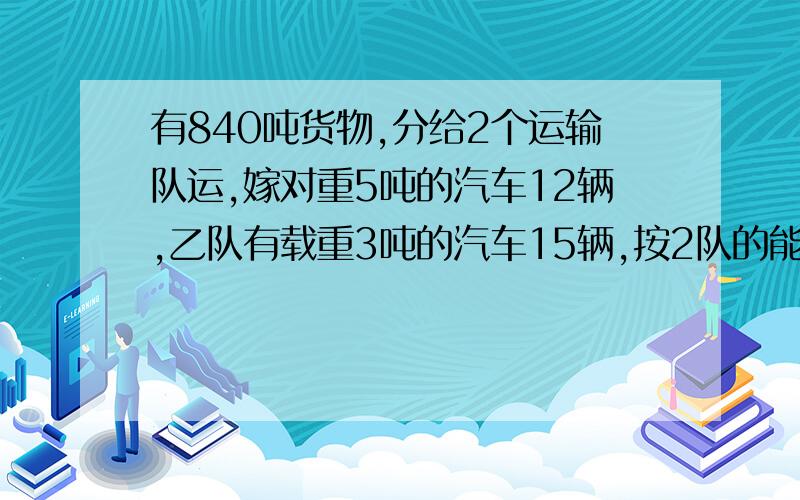 有840吨货物,分给2个运输队运,嫁对重5吨的汽车12辆,乙队有载重3吨的汽车15辆,按2队的能力分配,甲乙2队各分多少吨货物