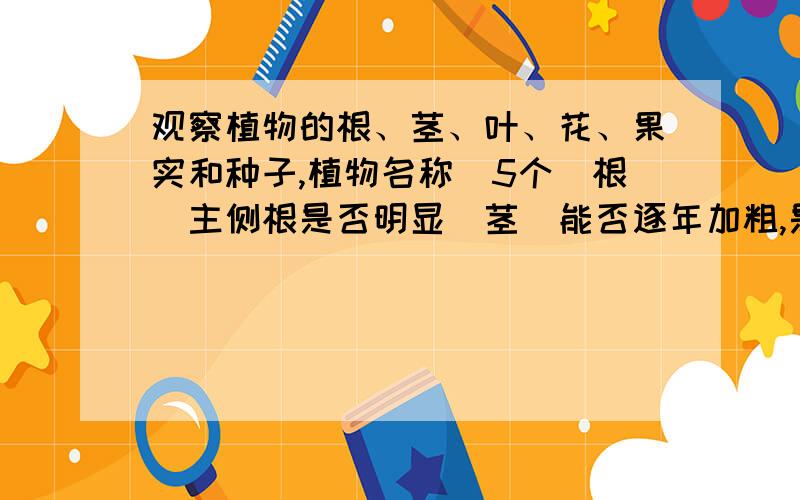 观察植物的根、茎、叶、花、果实和种子,植物名称（5个）根（主侧根是否明显）茎（能否逐年加粗,是否易剥皮）叶（叶脉是否是网状脉）花（有无真正的花,花瓣的数目）果实（有无真正的