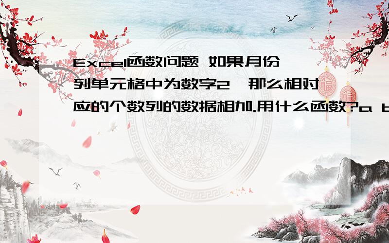 Excel函数问题 如果月份列单元格中为数字2,那么相对应的个数列的数据相加.用什么函数?a b1 个数 月份2 1 13 4 24 1 25 3 16 1 4如上的一组数据,当月份为2,则相对应个数列数字相加,应该用什么函数?