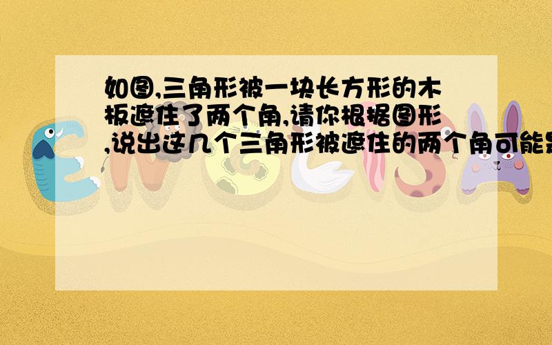 如图,三角形被一块长方形的木板遮住了两个角,请你根据图形,说出这几个三角形被遮住的两个角可能是锐角直角还是钝角?它们可能是什么三角形?（第一个图的三角形有直角!