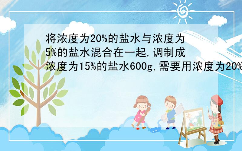 将浓度为20%的盐水与浓度为5%的盐水混合在一起,调制成浓度为15%的盐水600g,需要用浓度为20%和5%的盐水各多少g?Ps:如果用方程解,一定把每一步都写出来,不要列完方程就直接写个得数,那样我看