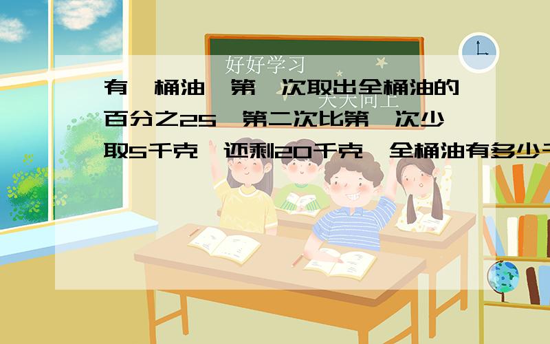 有一桶油,第一次取出全桶油的百分之25,第二次比第一次少取5千克,还剩20千克,全桶油有多少千克