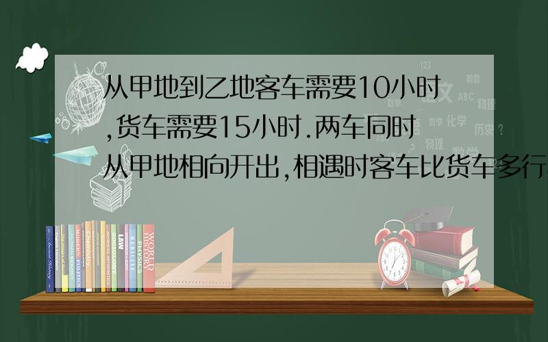 从甲地到乙地客车需要10小时,货车需要15小时.两车同时从甲地相向开出,相遇时客车比货车多行80千米.甲乙两