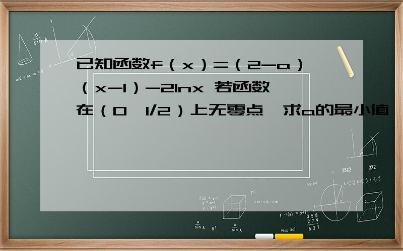 已知函数f（x）=（2-a）（x-1）-2lnx 若函数在（0,1/2）上无零点,求a的最小值