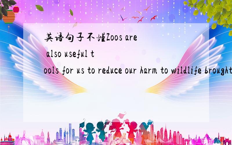 英语句子不懂Zoos are also useful tools for us to reduce our harm to wildlife brought about by damage to the land and the sea.句中brought about by damage to the land and the sea修饰谁?怎么翻译?