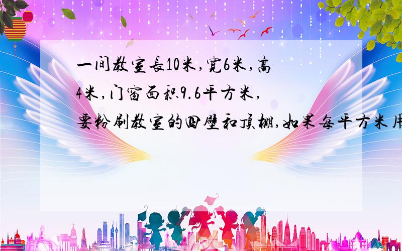 一间教室长10米,宽6米,高4米,门窗面积9.6平方米,要粉刷教室的四壁和顶棚,如果每平方米用涂料0.25千克共需要涂料多少千克?