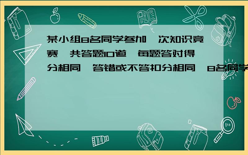 某小组8名同学参加一次知识竞赛,共答题10道,每题答对得分相同,答错或不答扣分相同,8名同学竞赛情况如下：学号 答对题数 答错或不答题数 得分1 8 2 702 9 1 853 9 1 854 5 5 255 7 3 556 10 0 1007 4 6 108