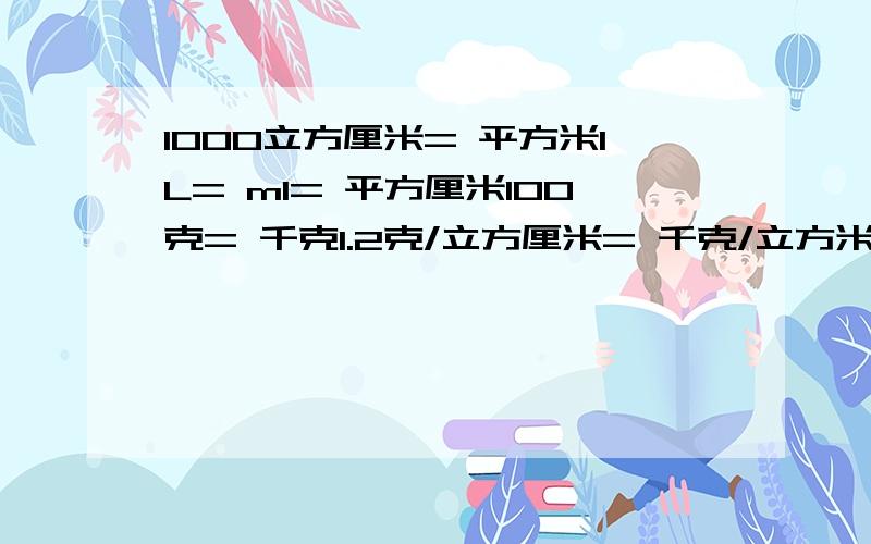 1000立方厘米= 平方米1L= ml= 平方厘米100克= 千克1.2克/立方厘米= 千克/立方米13600千克/立方米= 克/立方厘米,叫做这种物质的密度.公式：；单位：或 ；水的密度为 ;它表示：.密度是物质的一种