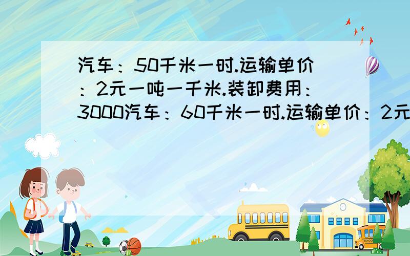 汽车：50千米一时.运输单价：2元一吨一千米.装卸费用：3000汽车：60千米一时.运输单价：2元一吨一千米.装卸费用：0火车：100千米一时.运输单价：1.8元一吨一千米.装卸费用：16001,海产品x吨,