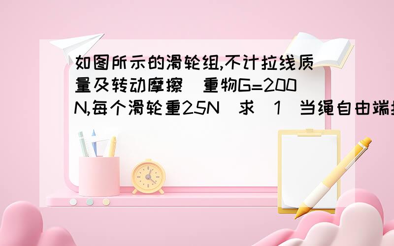 如图所示的滑轮组,不计拉线质量及转动摩擦．重物G=200N,每个滑轮重25N．求（1）当绳自由端拉力F拉力F为 多75少N时,恰能让重物G匀速上升．（2）若物体上升了10cm,则绳子自由端移动了多少距