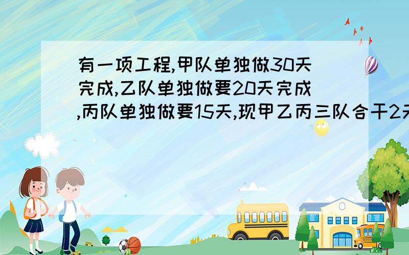 有一项工程,甲队单独做30天完成,乙队单独做要20天完成,丙队单独做要15天,现甲乙丙三队合干2天后,剩下甲丙合作,需要几天完成