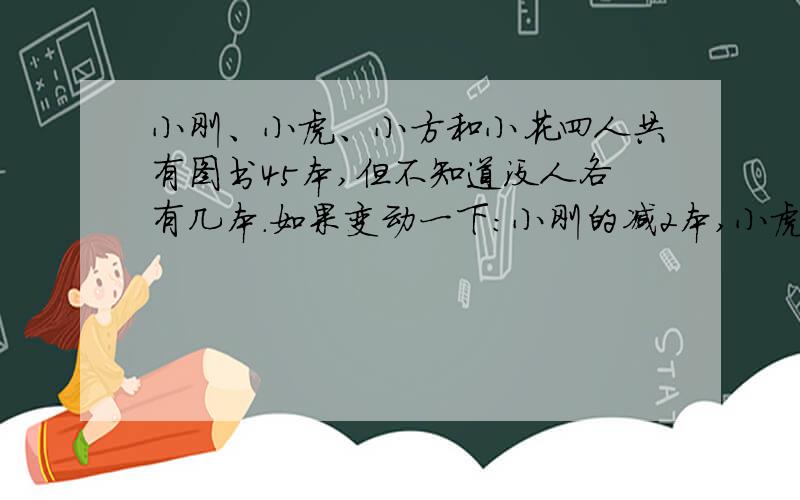 小刚、小虎、小方和小花四人共有图书45本,但不知道没人各有几本.如果变动一下：小刚的减2本,小虎的加2本,小方的增加1倍,小华的减少一半,这样每人的图书都一样多,原来每人各有几本书?把