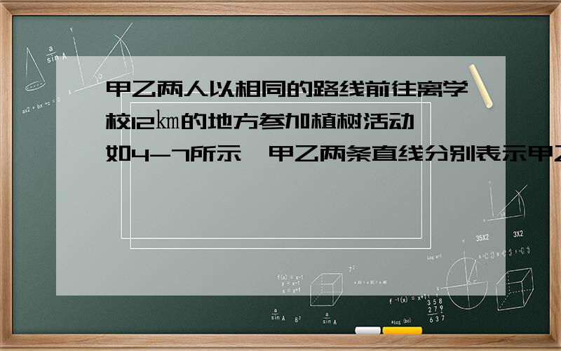 甲乙两人以相同的路线前往离学校12㎞的地方参加植树活动,如4-7所示,甲乙两条直线分别表示甲乙两人前往目的地行驶的路程随时间变化的函数图像,则乙每分钟比甲多行驶?