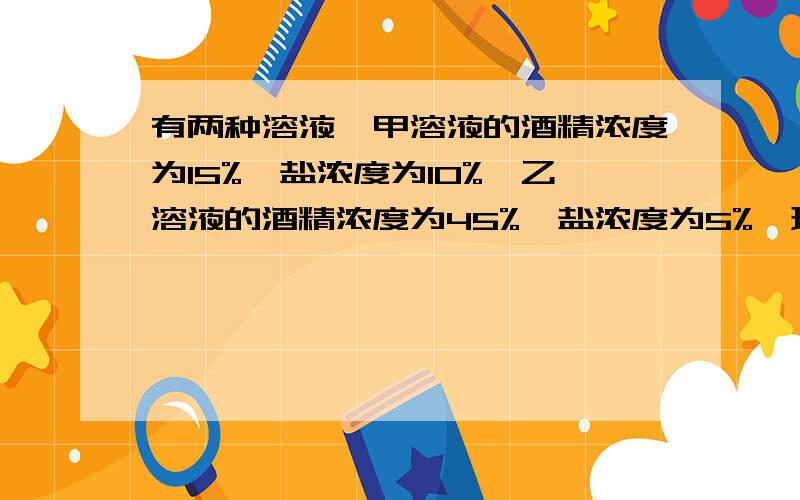 有两种溶液,甲溶液的酒精浓度为15%,盐浓度为10%,乙溶液的酒精浓度为45%,盐浓度为5%,现在有甲溶液1千克,那么需要多少乙溶液,将它与甲溶液混合后所得溶液的酒精浓度是盐浓度的3倍?