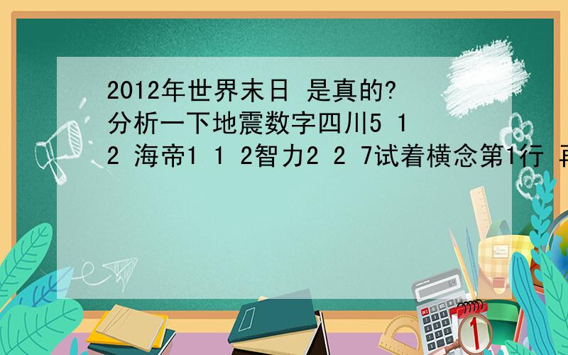 2012年世界末日 是真的?分析一下地震数字四川5 1 2 海帝1 1 2智力2 2 7试着横念第1行 再束着念第1行天哪