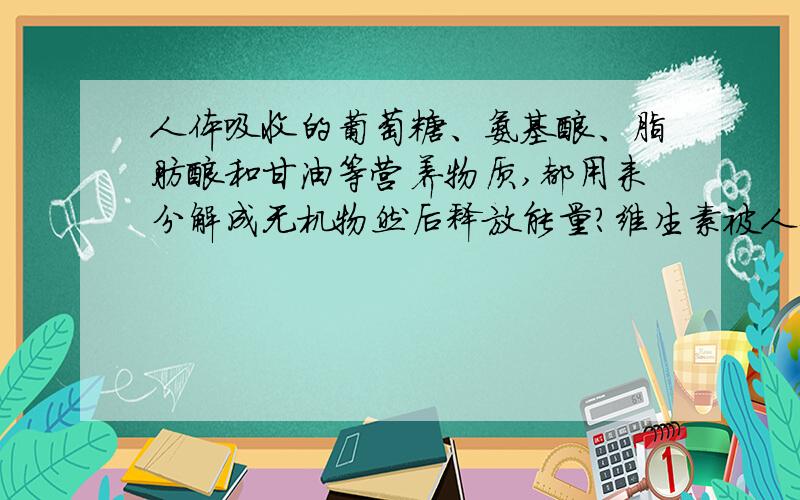 人体吸收的葡萄糖、氨基酸、脂肪酸和甘油等营养物质,都用来分解成无机物然后释放能量?维生素被人体吸收后，需要分解成无机物，释放能量吗？