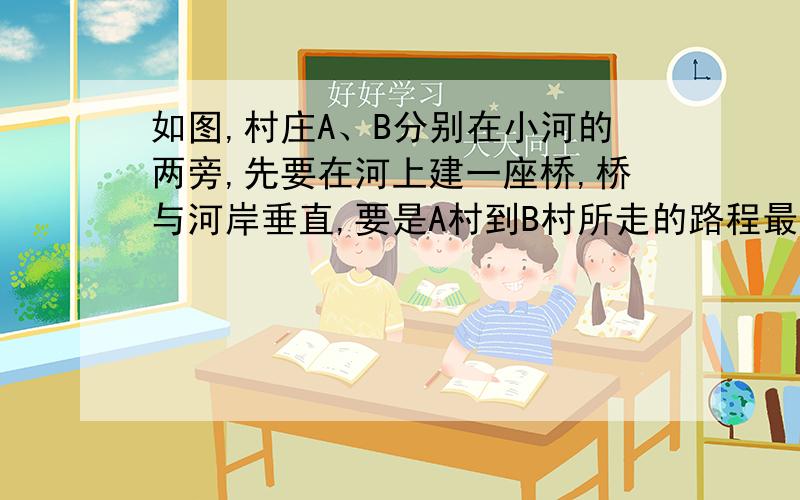 如图,村庄A、B分别在小河的两旁,先要在河上建一座桥,桥与河岸垂直,要是A村到B村所走的路程最短,桥建何处?