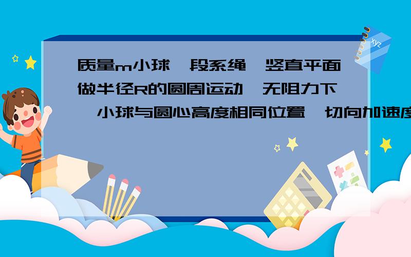 质量m小球一段系绳,竖直平面做半径R的圆周运动,无阻力下,小球与圆心高度相同位置,切向加速度是多少