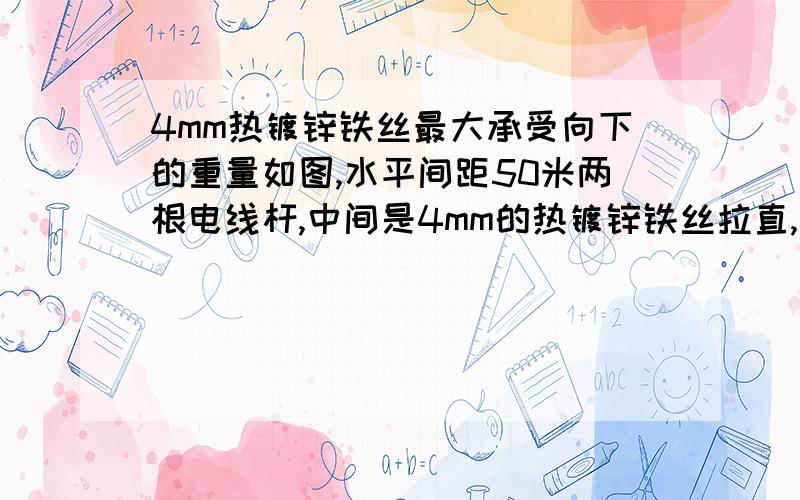 4mm热镀锌铁丝最大承受向下的重量如图,水平间距50米两根电线杆,中间是4mm的热镀锌铁丝拉直,搭梯子上人挂电缆,梯子重量是15公斤,人是75公斤,电缆大约10公斤,那么这根铁丝能否承受得了这些