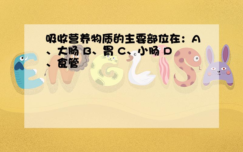 吸收营养物质的主要部位在：A、大肠 B、胃 C、小肠 D、食管