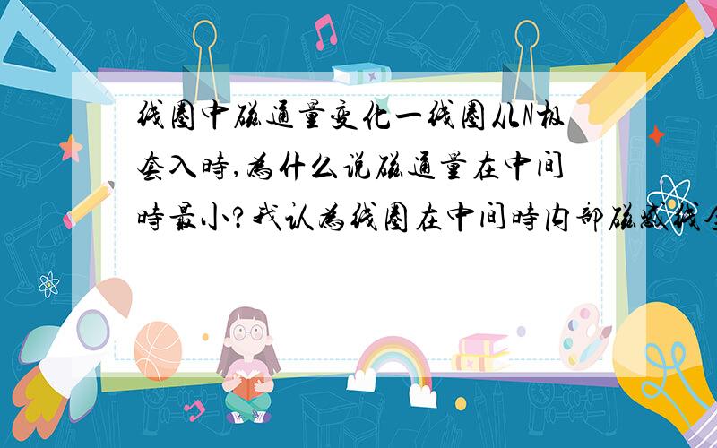 线圈中磁通量变化一线圈从N极套入时,为什么说磁通量在中间时最小?我认为线圈在中间时内部磁感线全部通入,而且外部数量最小,而接近N极时,虽然内部全通过但反向不是更多么?为什么错了?