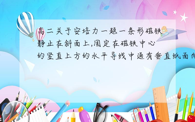 高二关于安培力一题一条形磁铁静止在斜面上,固定在磁铁中心的竖直上方的水平导线中通有垂直纸面向里的恒定电流,如图所示.若将磁铁的N极位置与S极位置对调后,仍放在斜面上原来的位置,