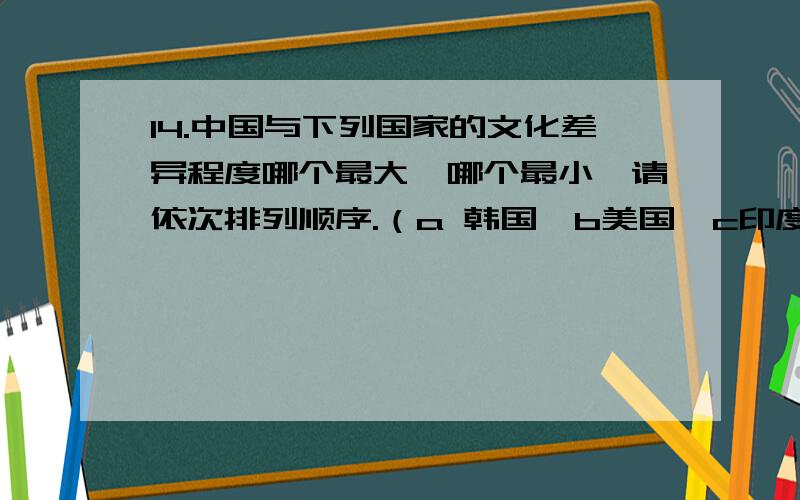 14.中国与下列国家的文化差异程度哪个最大,哪个最小,请依次排列顺序.（a 韩国、b美国、c印度、d日本考试题期中的!一共是五个国家 我没打全 a 韩国、b美国、c印度、d日本 e新加坡