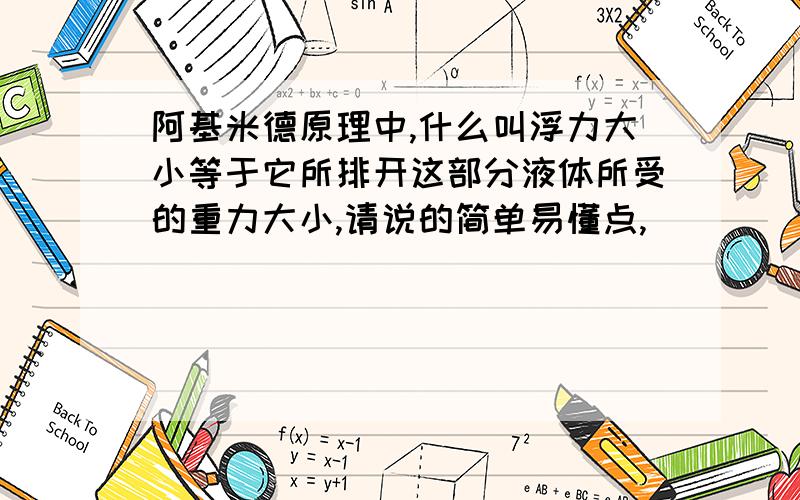 阿基米德原理中,什么叫浮力大小等于它所排开这部分液体所受的重力大小,请说的简单易懂点,