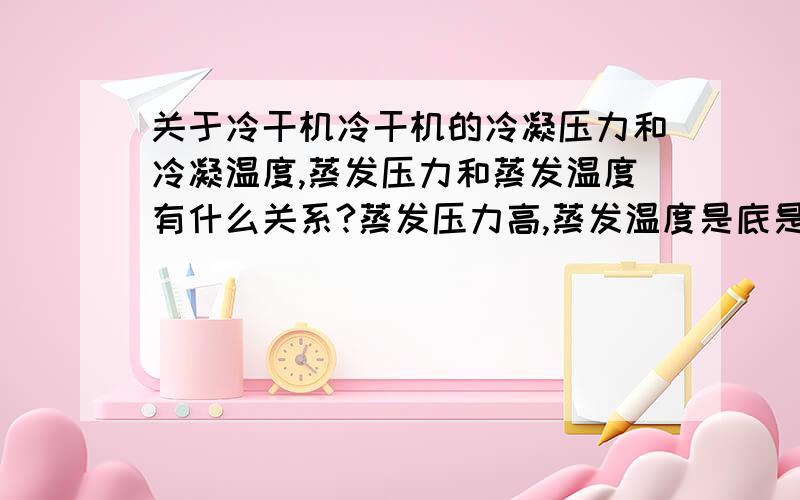 关于冷干机冷干机的冷凝压力和冷凝温度,蒸发压力和蒸发温度有什么关系?蒸发压力高,蒸发温度是底是高呢?与冷媒;制冷效果又有什么关系?