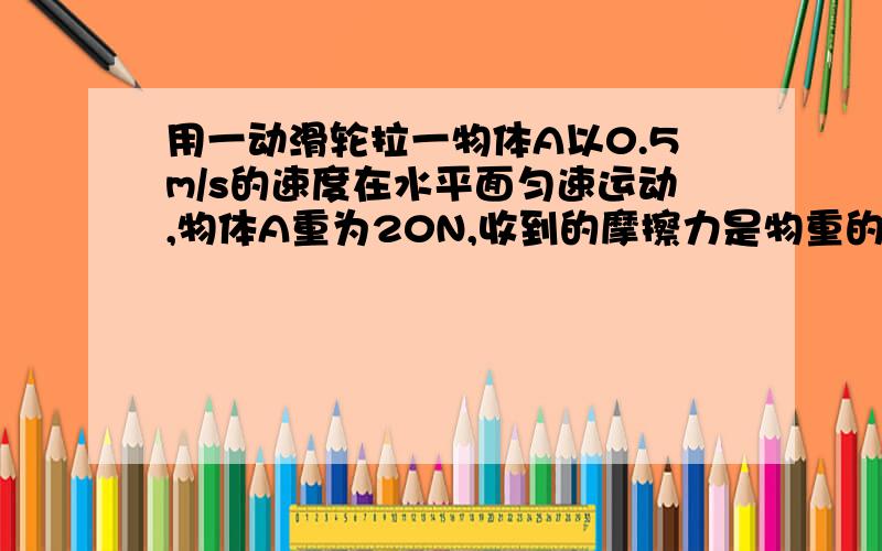 用一动滑轮拉一物体A以0.5m/s的速度在水平面匀速运动,物体A重为20N,收到的摩擦力是物重的0.2,