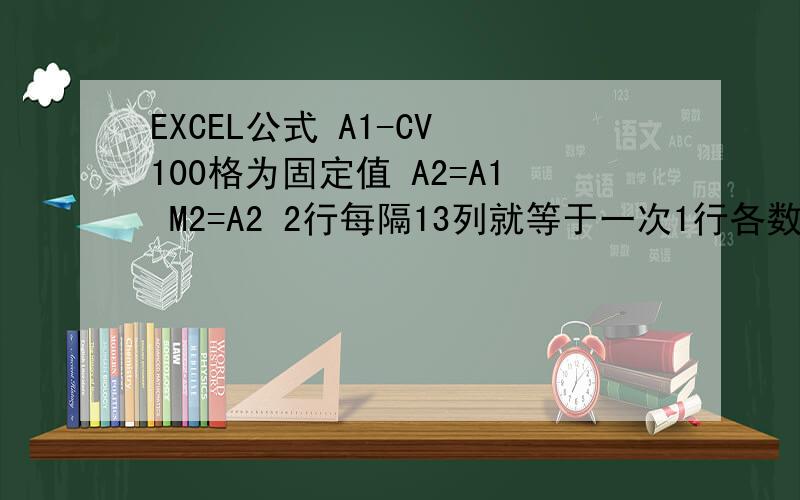 EXCEL公式 A1-CV 100格为固定值 A2=A1 M2=A2 2行每隔13列就等于一次1行各数 求公式,