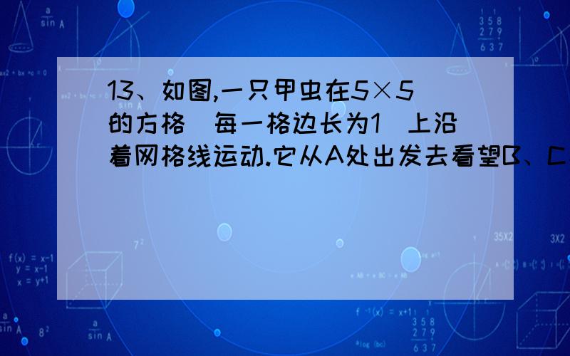 13、如图,一只甲虫在5×5的方格(每一格边长为1)上沿着网格线运动.它从A处出发去看望B、C、D处的其它甲虫,规定：向上向右为正,向下向左为负.例如：从A到B记为：A→B(＋1,＋3)；从C到D记为：C