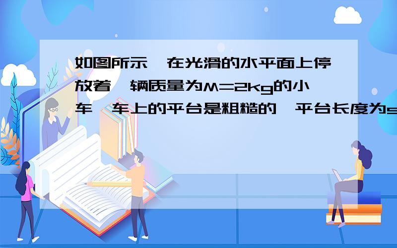 如图所示,在光滑的水平面上停放着一辆质量为M=2kg的小车,车上的平台是粗糙的,平台长度为s0=3.5m,停在光滑的水平桌面旁.现有一质量为m=1kg的质点C以v0=10m/s的初速度沿水平桌面滑上与桌面等高