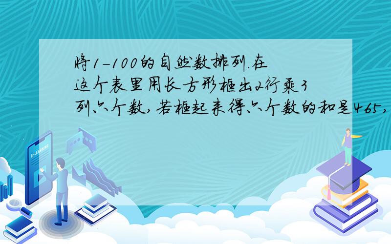 将1-100的自然数排列.在这个表里用长方形框出2行乘3列六个数,若框起来得六个数的和是465,请列出简易方程,求出这六个数.