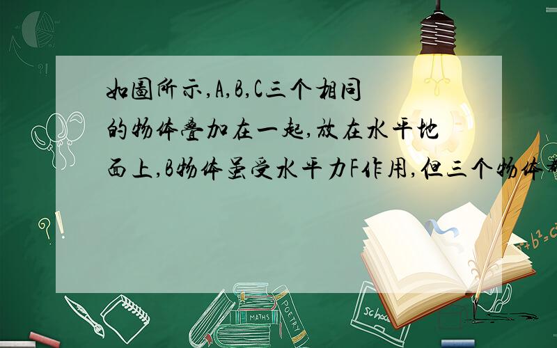 如图所示,A,B,C三个相同的物体叠加在一起,放在水平地面上,B物体虽受水平力F作用,但三个物体都没有运动请对A、B、C三个物体进行受力分析