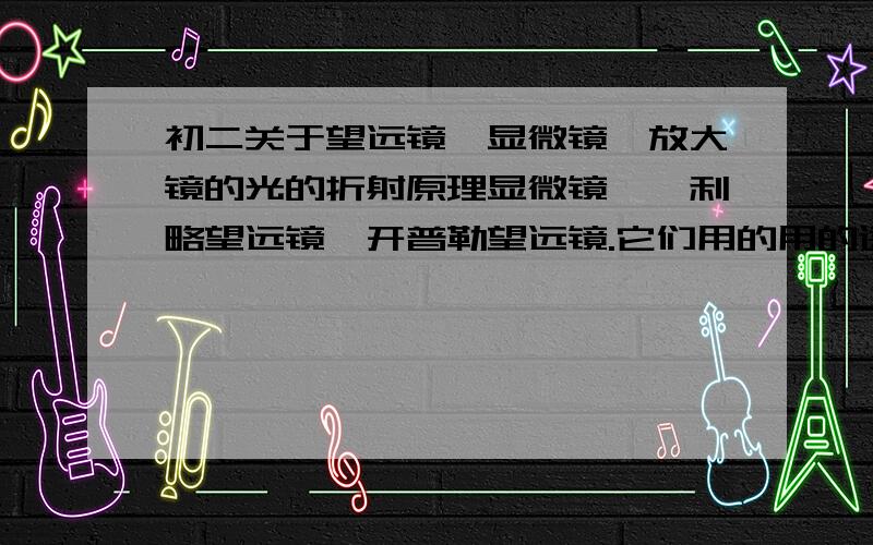 初二关于望远镜、显微镜、放大镜的光的折射原理显微镜、伽利略望远镜、开普勒望远镜.它们用的用的透镜分别是什么透镜?虚像还是实像?放大还是缩小?正立还是倒立?凸透镜和凹透镜的焦