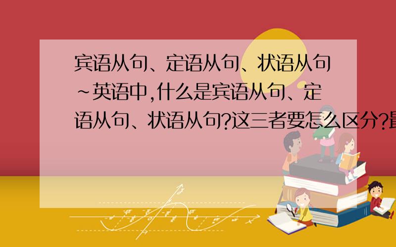 宾语从句、定语从句、状语从句~英语中,什么是宾语从句、定语从句、状语从句?这三者要怎么区分?最好能举些例子详细说明~