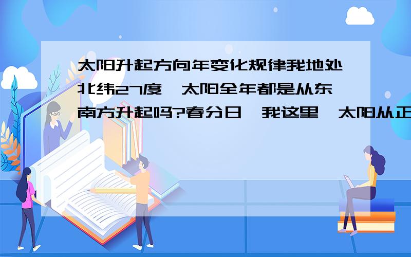 太阳升起方向年变化规律我地处北纬27度,太阳全年都是从东南方升起吗?春分日,我这里,太阳从正东方还是从东南方升起?夏至日,我这里,太阳从东北方升起还是从东南方升起?昼夜平分的那一天