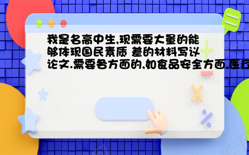 我是名高中生,现需要大量的能够体现国民素质 差的材料写议论文.需要各方面的,如食品安全方面,医疗方面；官场方面,买官 现象；社会方面；以及为什么国人总是把最好的产品投向国外市场