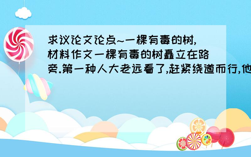 求议论文论点~一棵有毒的树,材料作文一棵有毒的树矗立在路旁.第一种人大老远看了,赶紧绕道而行,他们一点也不愿接近,生怕不小心会中毒.第二种人来到树边,看见这棵树,马上就想到它的毒