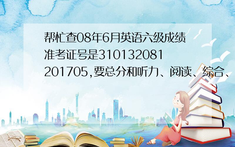 帮忙查08年6月英语六级成绩准考证号是310132081201705,要总分和听力、阅读、综合、翻译和写作各自的成绩