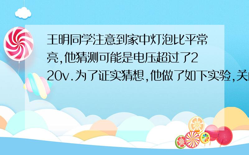 王明同学注意到家中灯泡比平常亮,他猜测可能是电压超过了220v.为了证实猜想,他做了如下实验,关闭家中其它电器,只开了一只“220v 100w”的电灯,观察家中标有“3000R/kw·h”的电能表在20min内