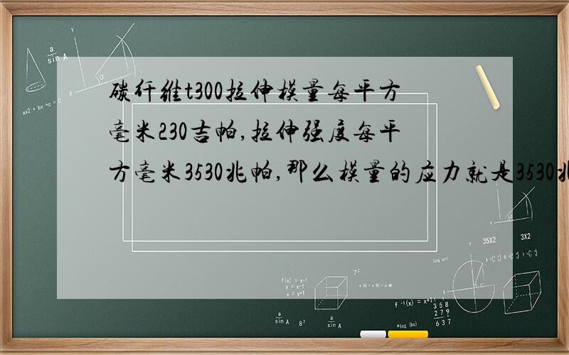 碳纤维t300拉伸模量每平方毫米230吉帕,拉伸强度每平方毫米3530兆帕,那么模量的应力就是3530兆帕,应...碳纤维t300拉伸模量每平方毫米230吉帕,拉伸强度每平方毫米3530兆帕,那么模量的应力就是353