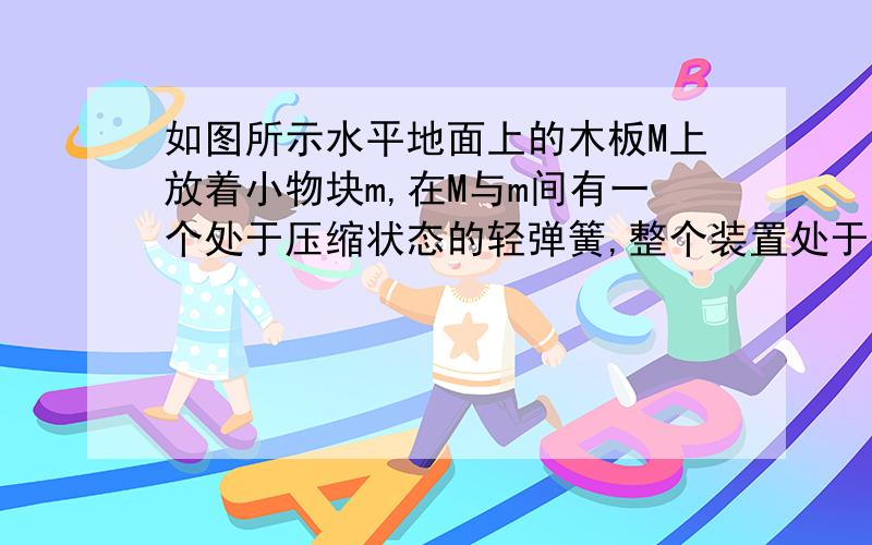 如图所示水平地面上的木板M上放着小物块m,在M与m间有一个处于压缩状态的轻弹簧,整个装置处于静止状D、地面对M无摩擦力作用如果用整体法,可求到是对的.但如果先研究上面的,弹力与摩擦