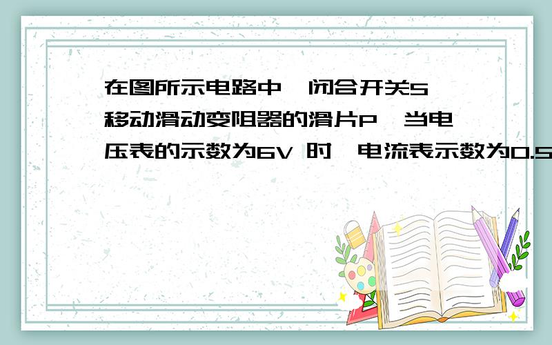 在图所示电路中,闭合开关S,移动滑动变阻器的滑片P,当电压表的示数为6V 时,电流表示数为0.5A……在图所示电路中,闭合开关S,移动滑动变阻器的滑片P,当电压表的示数为6V 时,电流表示数为0.5A