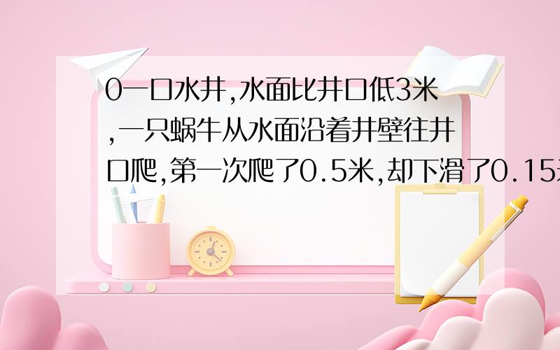 0一口水井,水面比井口低3米,一只蜗牛从水面沿着井壁往井口爬,第一次爬了0.5米,却下滑了0.15米;第2次往上爬了0.42米,却下滑了0.1米；第3次往上爬了0.7米,却下滑了0.15米；第4次往上爬了0.75米,