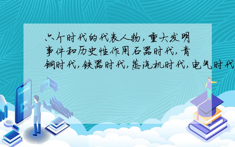 六个时代的代表人物,重大发明事件和历史性作用石器时代,青铜时代,铁器时代,蒸汽机时代,电气时代,信息时代各个时代代表人物,重大发明事件和历史性作用分别是什么?