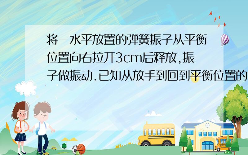 将一水平放置的弹簧振子从平衡位置向右拉开3cm后释放,振子做振动.已知从放手到回到平衡位置的时间为0.15s,求：（1）弹簧振子的振幅、周期、频率；（2）2s内完全振动的次数；（3）振子从